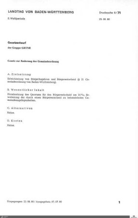 Gesetzentwurf der Grünen zur Änderung der Gemeindeordnung
