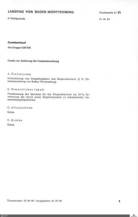 Gesetzentwurf der Grünen zur Änderung der Gemeindeordnung
