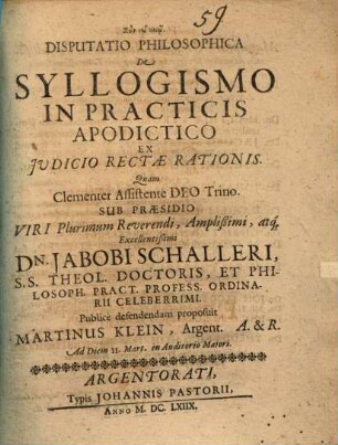 Disp. philos. de syllogismo in practicis apodictico ex iudicio rectae rationis