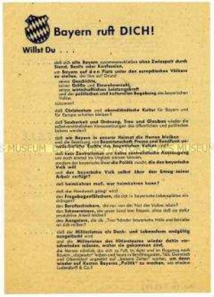Programmatisches Flugblatt der Bayernpartei mit Mitgliederwerbung