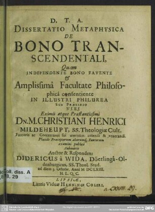 Dissertatio metaphysica de bono transcendentali
