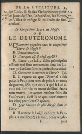 Le Cinquiéme Livre de Moyse Ou Le Deuteronome
