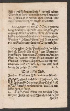 Das ander Lied. Jm thon: Erhalt vns Herr bey deinem Wort/ [et]c.