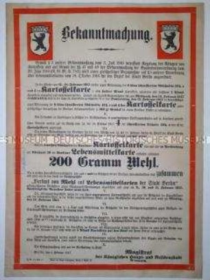 Maueranschlag: Bekanntmachung über Sonderbestimmungen zum Bezug von Mehl und Kartoffeln in Berlin
