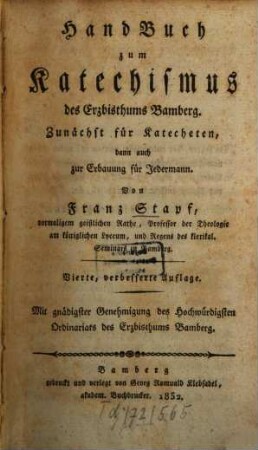 Handbuch zum Katechismus des Erzbisthums Bamberg : zunächst für Katecheten, dann auch zur Erbauung für Jedermann