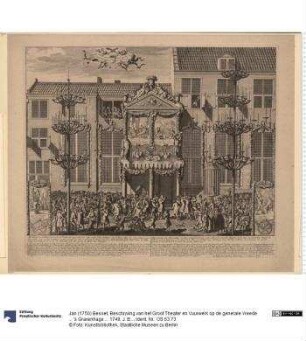 Beschryving van het Groot Theater en Vuurwerk op de generale Vreede ... 's Gravenhage ... 1749. J. Besoet del. et schulp. In 's Gravenhage by Daniel Langeweg.