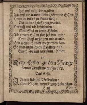 Drey Gebet zu dem Neugebornen Christkindlein Jesu.