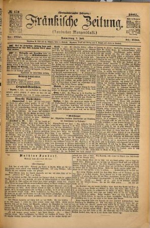 Fränkische Zeitung : Fränkische Tageszeitung ; amtliches Organ der NSDAP ; Amtsblatt aller Behörden, 1887,7/9 = Jg. 43