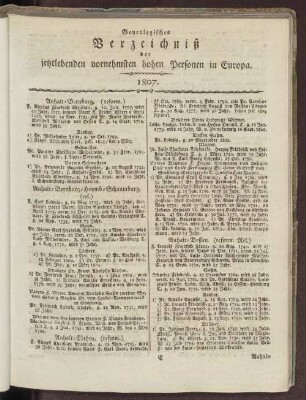 Genealogisches Verzeichniß der jetztlebenden vornehmsten hohen Personen in Europa.