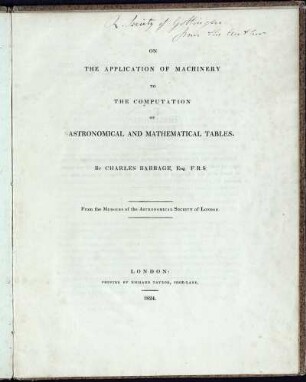 On the Application of Machinery to the Computation of Astronomical and Mathematical Tables