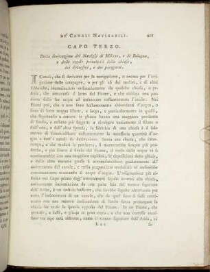 Capo Terzo. Della derivazione dei Navigli di Milano, e di Bologna, e delle regole prinicipali delle chiuse, dei diversivi, e dei paraporti.