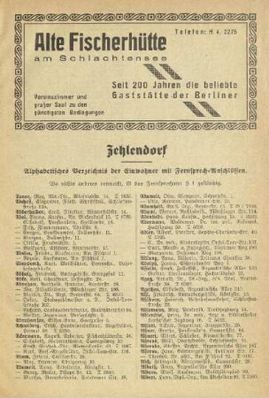 Alphabetisches Verzeichnis der Einwohner mit Fernsprech-Anschlüssen