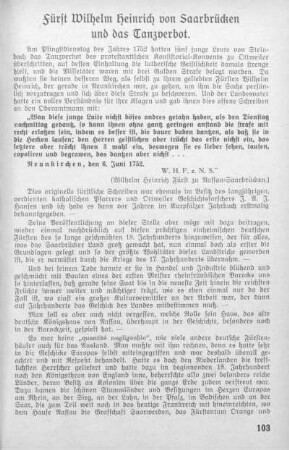 Fürst Wilhelm Heinrich von Saarbrücken und das Tanzverbot von K. Lohmeyer