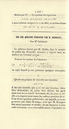 Sur une questions proposée par M. Bourguet.