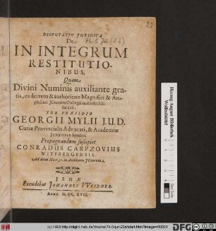 Disputatio Iuridica De In Integrum restitutionibus