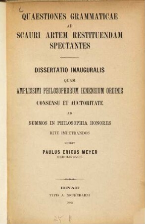 Quaestiones grammaticae ad Scauri artem restituendam spectantes ...