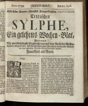 (XXXIII. Stück.) den 21. April. Anno 1752.