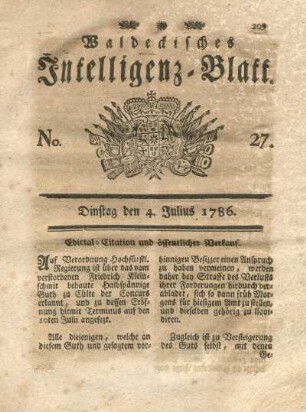No. 27, Dinstag den 4. Julius 1786