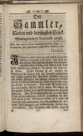 Sieben und dreißigstes Stück. Montags den 17. Septemb. 1736.