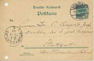 Postkarte an Lampert, K. Naturalienkabinett Stuttgart