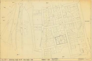 Flur 29 II (V) Gemarkung Siegen Nr. 671, Kreis Siegen-Stadt. Inhalt:Achenbacher Straße; Friedrich-Friesen-Straße; Auf der Schemmscheid; Eisenbahn nach Siegen bzw. Betzdorf; Siegstraße; Graben; Herrenwiesengraben mit Papierfabrik; Sieg; Effertsufer; Parkstraße; Donnerscheidstraße; Eintrachtstraße; Wiesenstraße; Luisenstraße; Leystraße; Schlachthausstraße; Koblenzer Straße B 62 von Marburg nach Betzdorf. Parzellenumerierung.