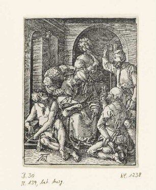 Verspottung Christi, Blatt 15 aus: Albrecht Dürer, "Passio Christi ab Alberto Durer Nurenbergensi effigiata cum varij generis carminibus Fratris Benedicti Chelidonij Musophili", Nürnberg 1511 [ohne Kustode]