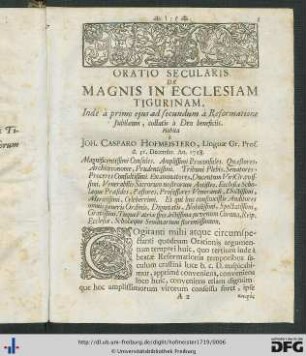 Oratio Secularis De Maginis In Ecclesiam Tigurinam.