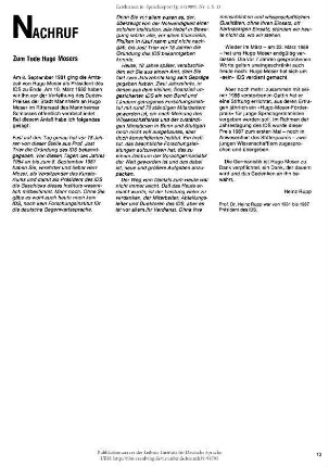 Nachruf. Zum Tode Hugo Mosers