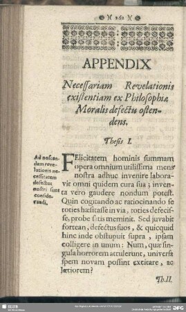 Appendix Necessariam Revelationis existentiam ex Philosophiae Moralis defectu ostendens