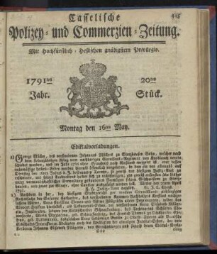 20tes Stueck, Montag den 16ten May. 1791