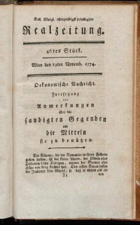 46tes Stück. Wien den 19ten Novemb. 1774.