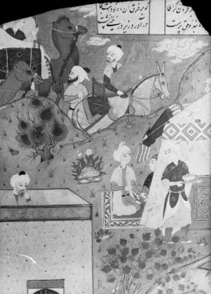 Ausschnitt aus der Miniatur einer persischen Handschrift des 16. Jahrhunderts: Empfang des Propheten Mohammed durch Boheir (?), oben links Ankunft einer Reisegesellschaft