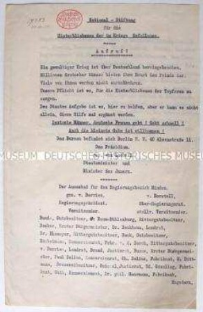 Maschineneschriftlicher Aufruf zu Spenden für die Hinterbliebenen der Gefallenen des 1. Weltkrieges