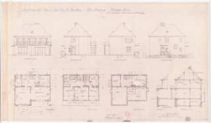 Garten Bisschop, Berlin-Wannsee: 4 Ansichten, 2 Schnitte Grundrisse Kellergeschoss, Erdgeschoss und Obergeschoss 1:100 (Zeichnung des Architekten)