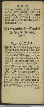 Die vornehmsten Artickel des Glaubens und der Lehre : Les principaux Articles de la Foi
