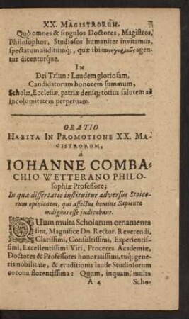Oratio Habita In promotione XX. Magistratorum, à Iohanne Combachio Wetterano Philosophiae Professore;