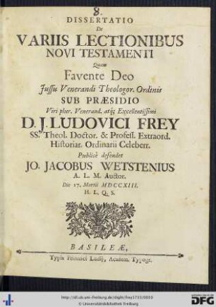 Dissertatio De Variis Lectionibus Novi Testamenti