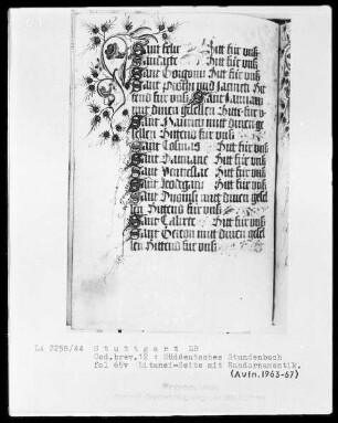 Deutsches Gebetbuch (Waldburg-Gebetbuch) — Litaneiseite mit Initiälchen S und Randornamentik, Folio 65verso