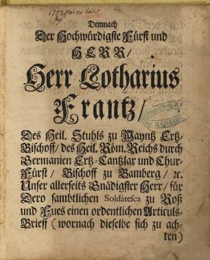 Articuls-Brieff, wornach des Hochstiffts Bamberg Soldatesca zu Roß und Fues sich zu achten, und deme auff das genauiste nach zu leben : [20. May 1723]