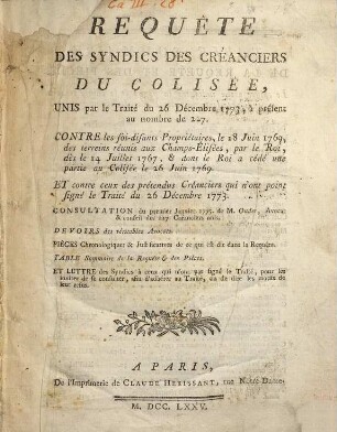 Requête des syndics des créanciers du collisée : unis par le traité du 26 décembre 1773, à présent au nombre de 227