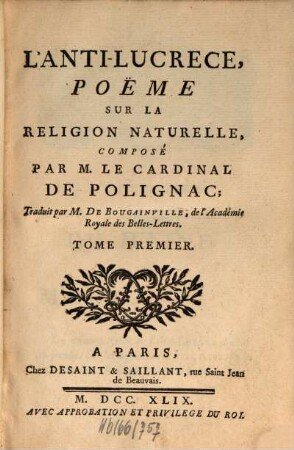 L' anti-lucréce : poëme sur la religion naturelle, 1