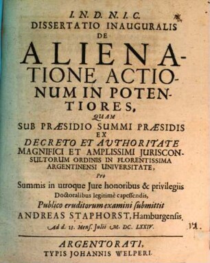 Dissertatio inauguralis de alienatione actionum in potentiores