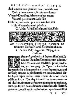 Elegiarum Liber: Ad Illustrem Slesiae Ducem Io achimum Illustriss. Caroli Slesiae ducis filiumC. Vrsini Velij Elegiarum et Epigrammaton liber