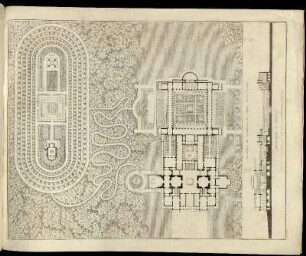 Abbildung 120. Grundriss des Landhauses mit seinen Garten-Anlagen. / Durchschnitt des Landhauses.