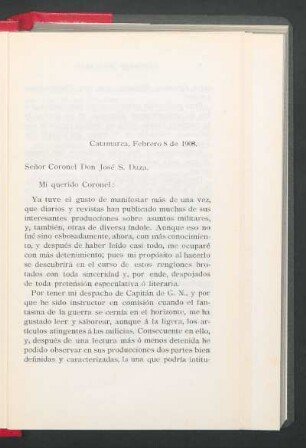 [Carta a] Señor Coronel Don José S. Daza