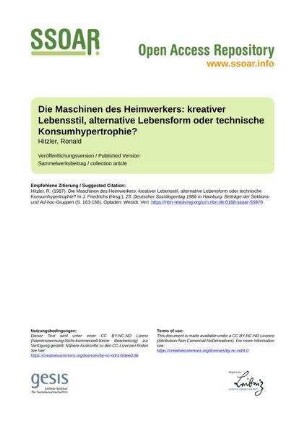 Die Maschinen des Heimwerkers: kreativer Lebensstil, alternative Lebensform oder technische Konsumhypertrophie?