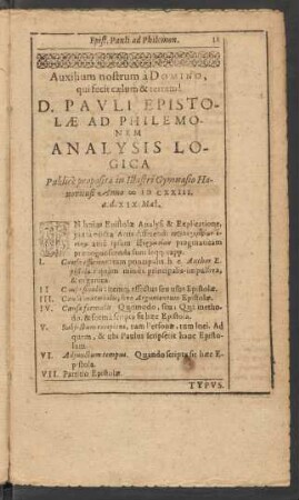 D. Pauli Epistolae Ad Philemonem Analysis Logica Publice proposita in Illustri Gymnasio Hanoviensi Anno MDCXXIII. a. d. XIX. Maii.