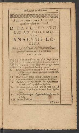 D. Pauli Epistolae Ad Philemonem Analysis Logica Publice proposita in Illustri Gymnasio Hanoviensi Anno MDCXXIII. a. d. XIX. Maii.