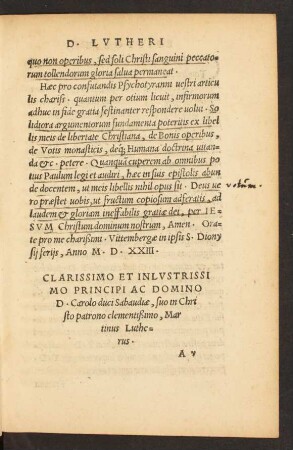Clarissimo Et Inlustrissimo Principi Ac Domino D. Carolo Duci Sabaudiae ... Martinus Lutherus.