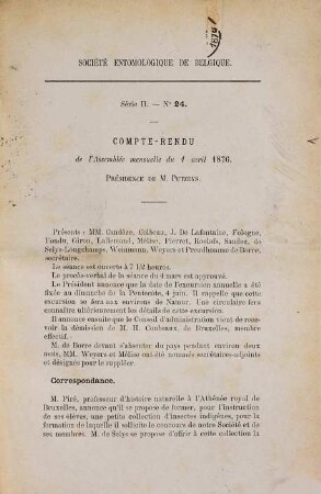 Compte rendu de l'assemblée mensuelle du Société Entomologique de Belgique. 21/33. 1876